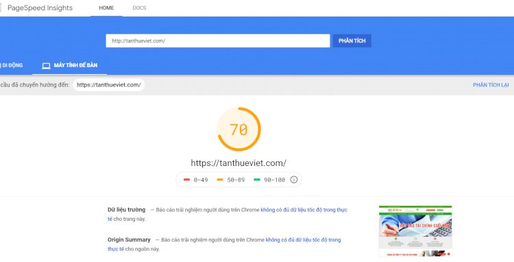 Tốc độ và điểm tối ưu được đánh giá từ Google PageSpeed Insights